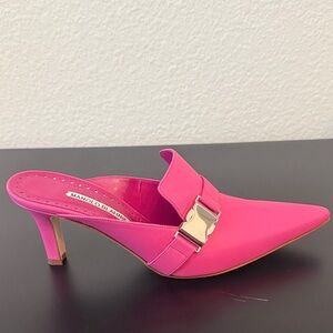 Manolo Blahnik Fuchsia Mules with Silver Buckle